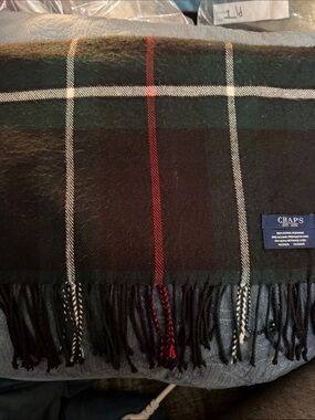 Chaps Black and Forest Green Plaid Scarf with Red Stripe